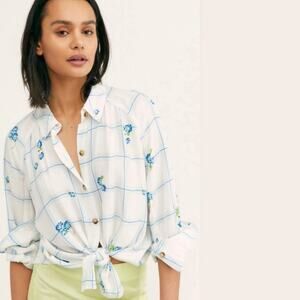 NWT FREE PEOPLE Button Down Shirt Floral Windowpane blue 3207